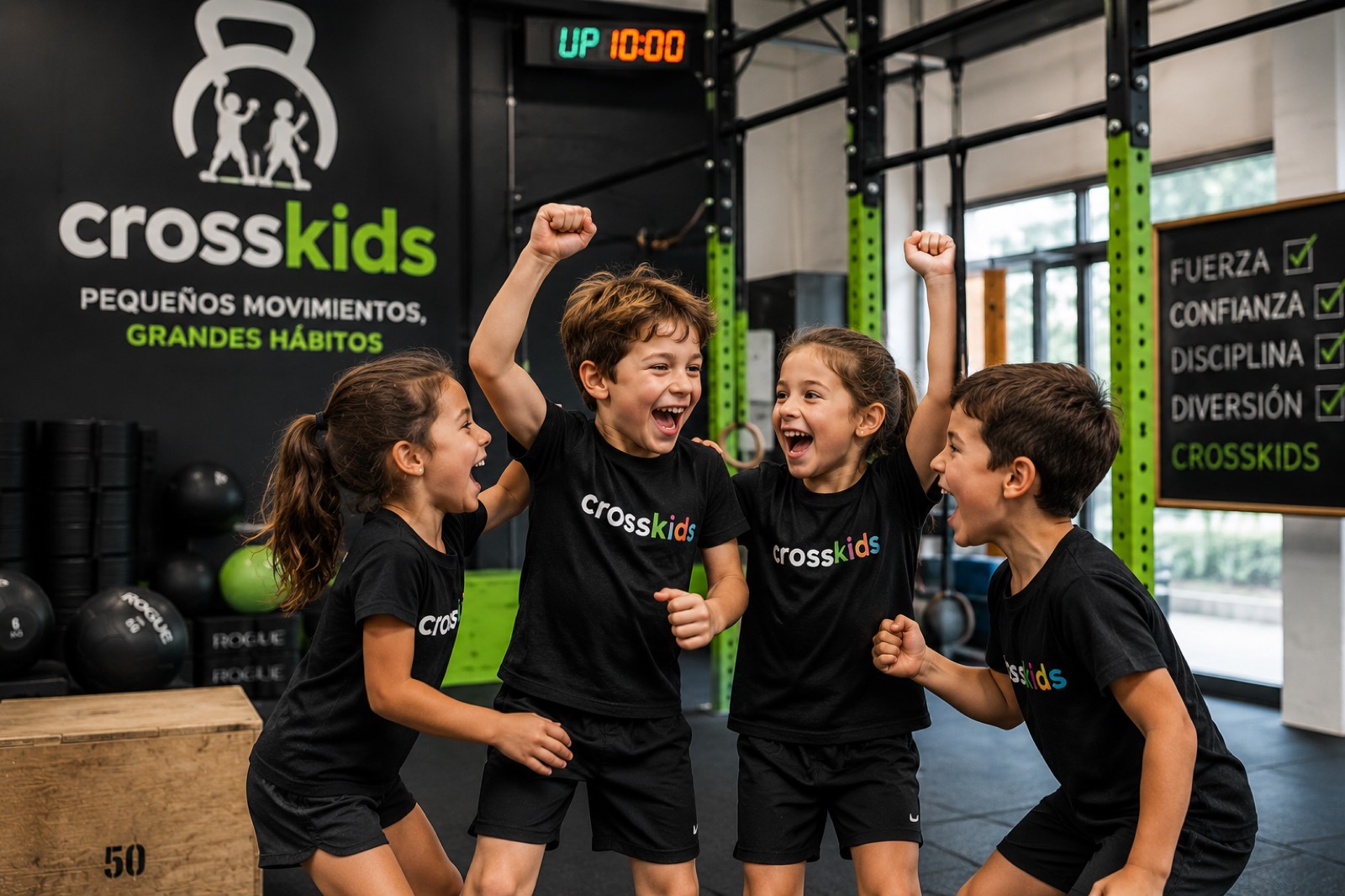 Niños y niñas celebrando tras una sesión de CrossKids en Zaragoza