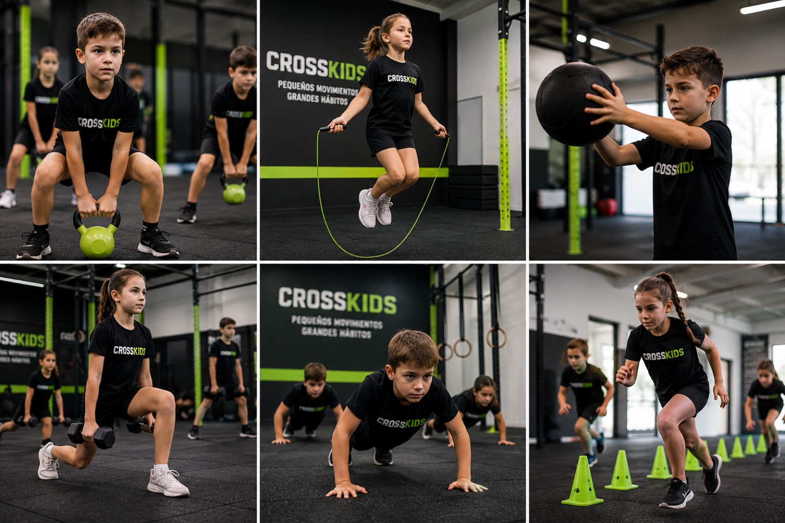 Niños entrenando: kettlebell, comba, balón medicinal, zancadas, plancha y circuito de conos